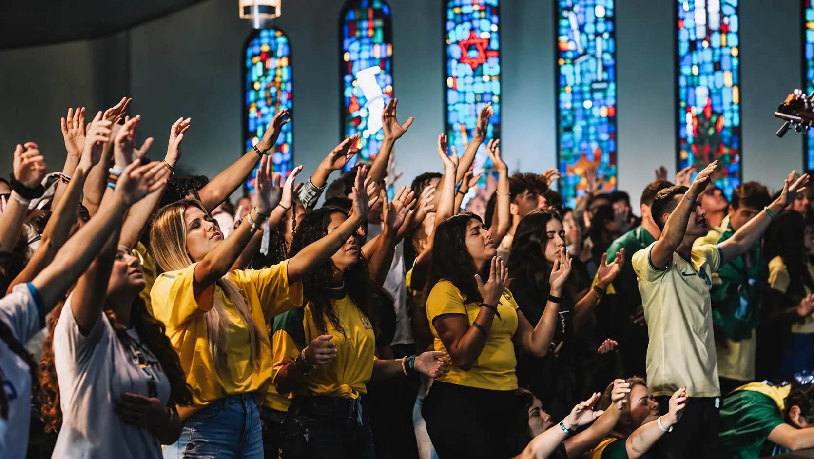 Congregação da Igreja Diante do Trono adorando durante o culto